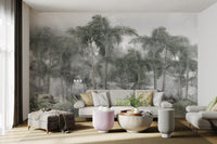 Nature-inspired foggy jungle mountain mural in bright living area.