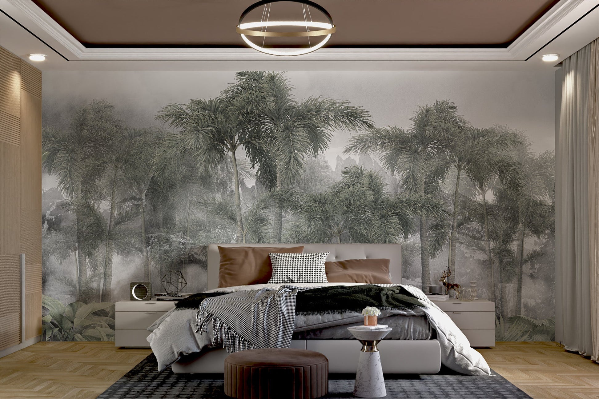 Tropical foggy wall mural for peaceful bedroom decor