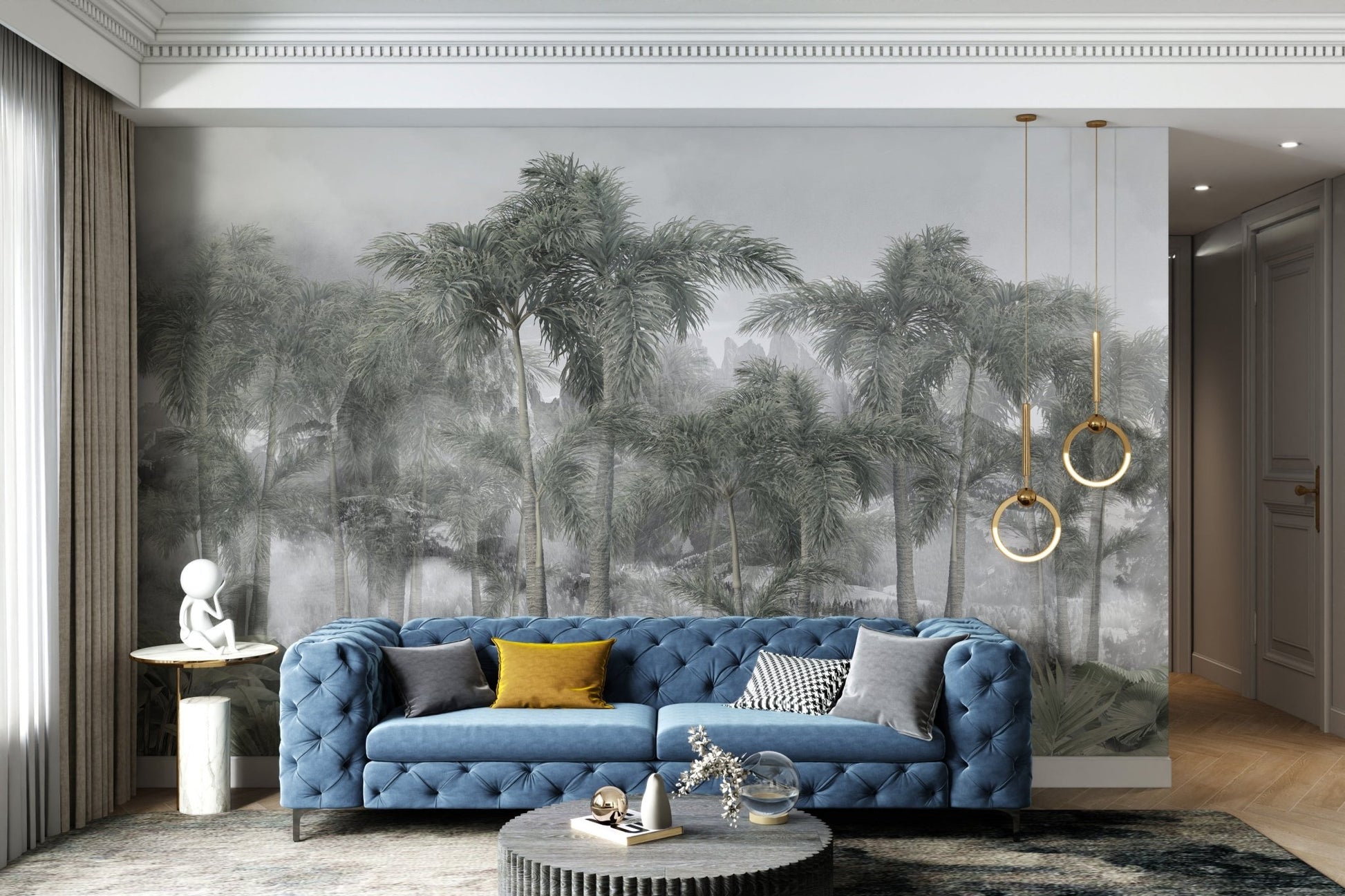 Tropical foggy jungle mural with banana plants in hallway.
