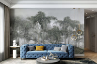 Tropical foggy jungle mural with banana plants in hallway.