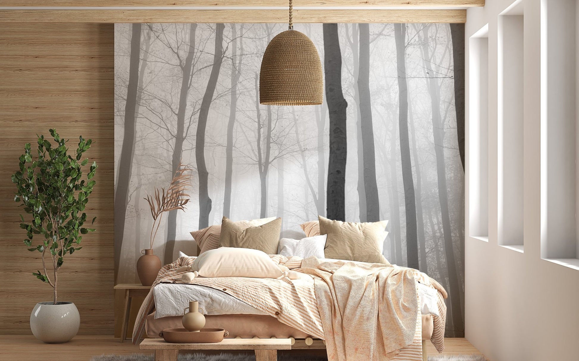 Foggy Jungle View Wall Mural featuring misty trees in a beige bedroom.