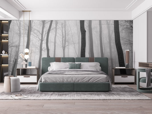Foggy Jungle View Wall Mural on a bedroom wall with green accents.