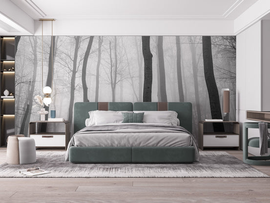 Foggy Jungle View Wall Mural on a bedroom wall with green accents.