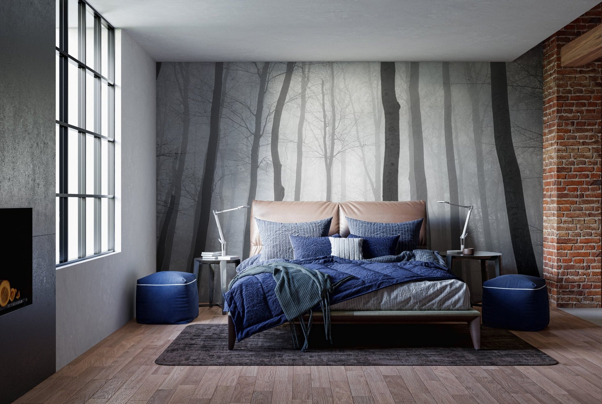 Foggy Jungle View Wall Mural in a room with blue cushions and wood floor.