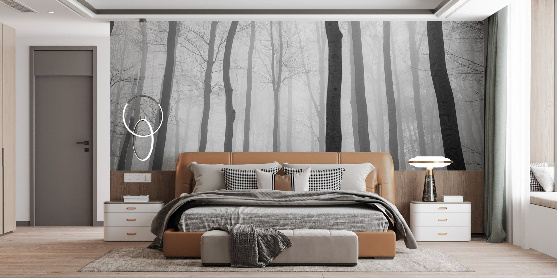 Misty jungle wall mural in a bedroom with natural wood bed frame.