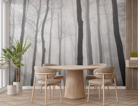 Foggy Jungle View Wall Mural in a dining area with wooden table.