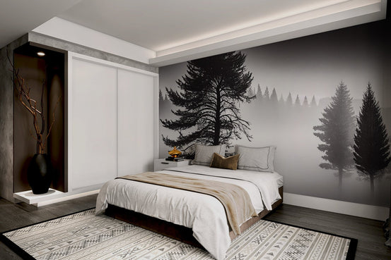 Artistic watercolor wall murals with a coastal forest feel.