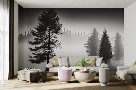 Foggy monochrome forest wallpaper in soft tropical tones.