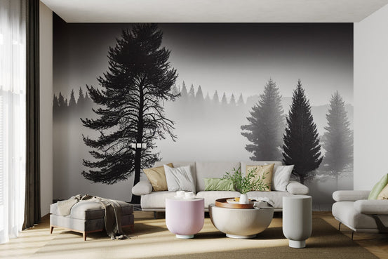 Foggy monochrome forest wallpaper in soft tropical tones.