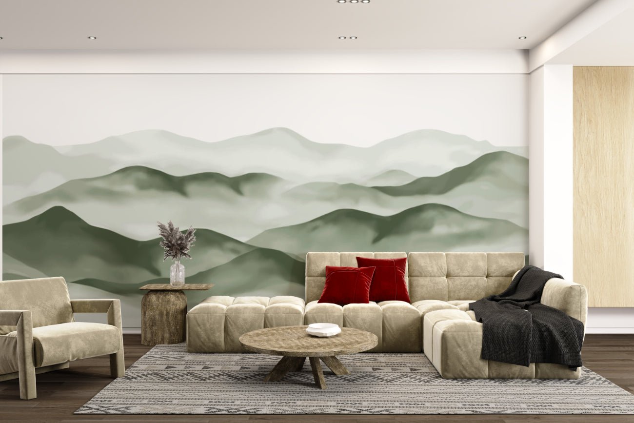 Forest green mountain wall mural with soft ink wash effect for living room.