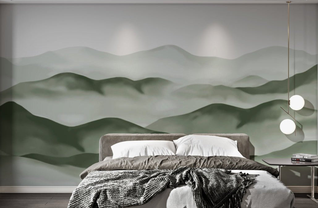 Foggy Mountain Range Wall Mural with green watercolor hills for bedroom.