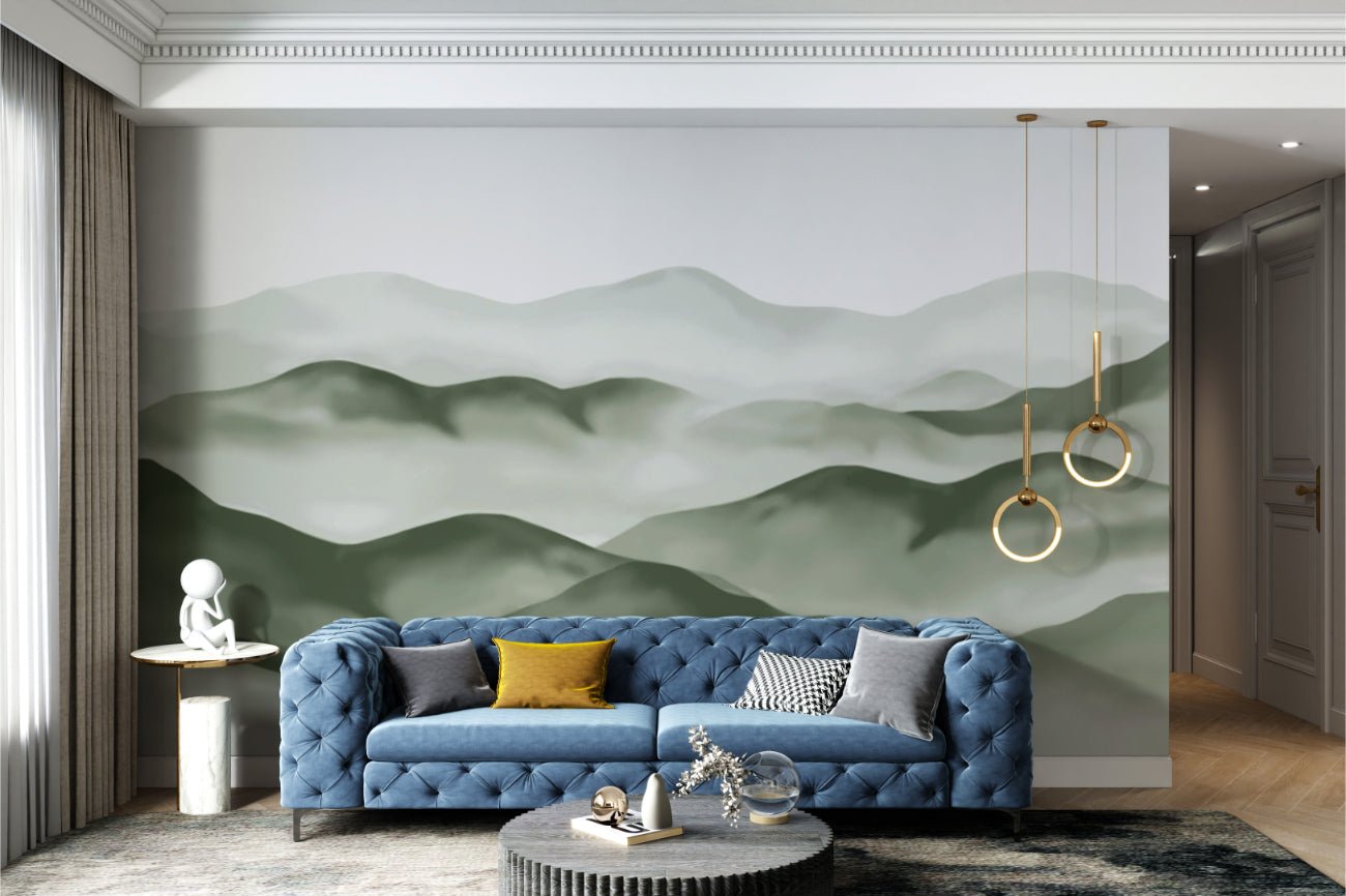 Landscape wall mural with layers of green hills and hazy atmosphere.