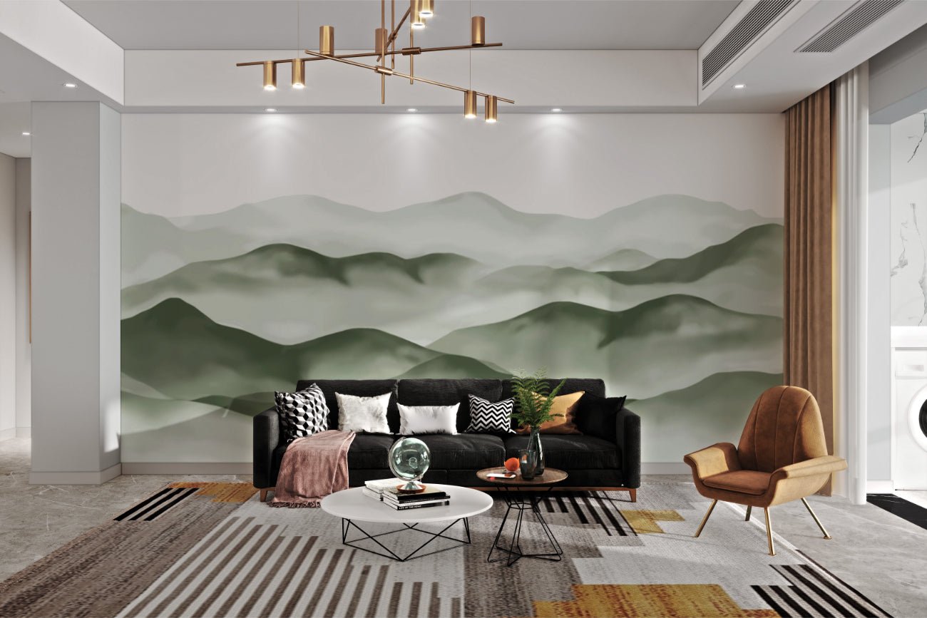 Abstract mountain wall mural with watercolor texture and green tones.
