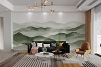 Abstract mountain wall mural with watercolor texture and green tones.