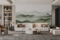 Foggy Mountain Range Wall Mural featuring sage green hills and mist.