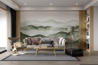 Minimalist green mountain wall mural for sunlit living room.