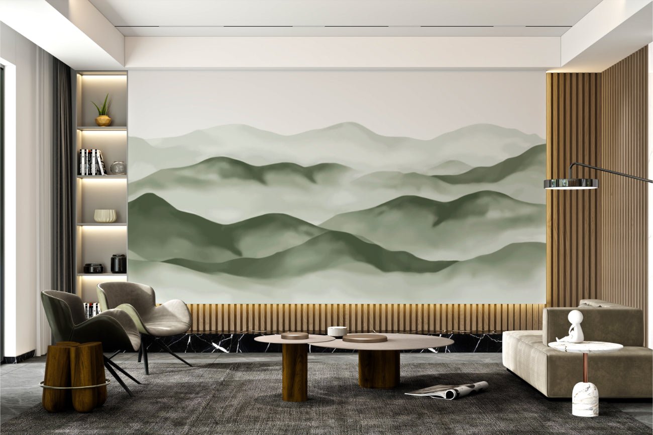 Foggy Mountain Range Wall Mural in olive and smoke grey for office.