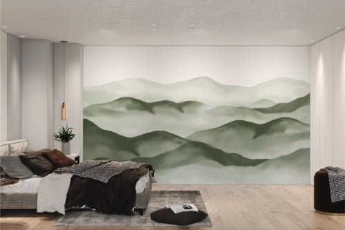Sage green mountain wall mural with hazy watercolor finish for bedroom.