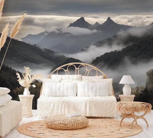 Misty peaks in foggy mountain valley wallpaper for a calm living area.