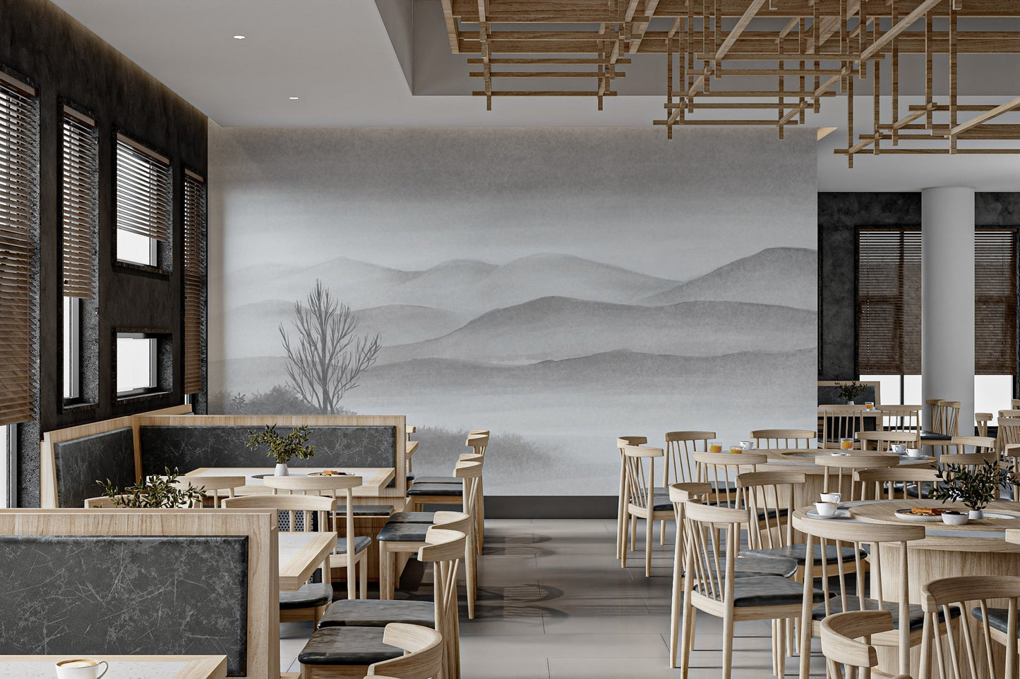 Monochrome foggy mountain landscape wall mural for dining room.