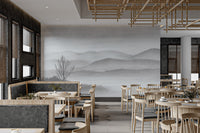 Monochrome foggy mountain landscape wall mural for dining room.