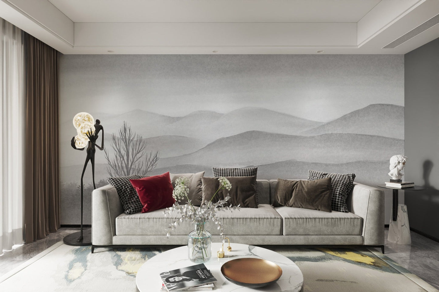 Grey misty mountain landscape wall mural for open plan living areas
