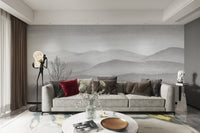 Grey misty mountain landscape wall mural for open plan living areas