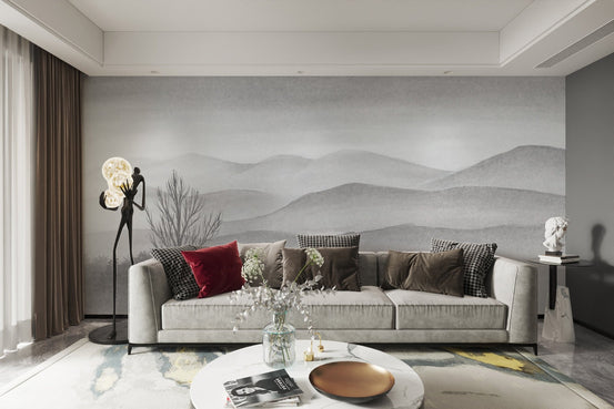 Grey misty mountain landscape wall mural for open plan living areas