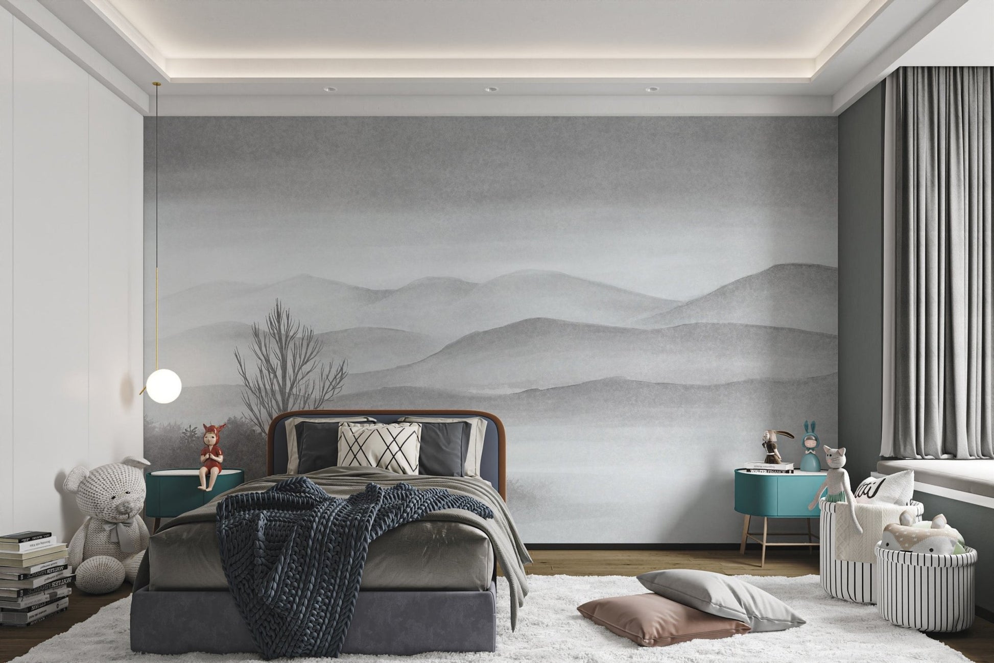 Foggy Mountains Lake Landscape Wall Mural for master bedroom.