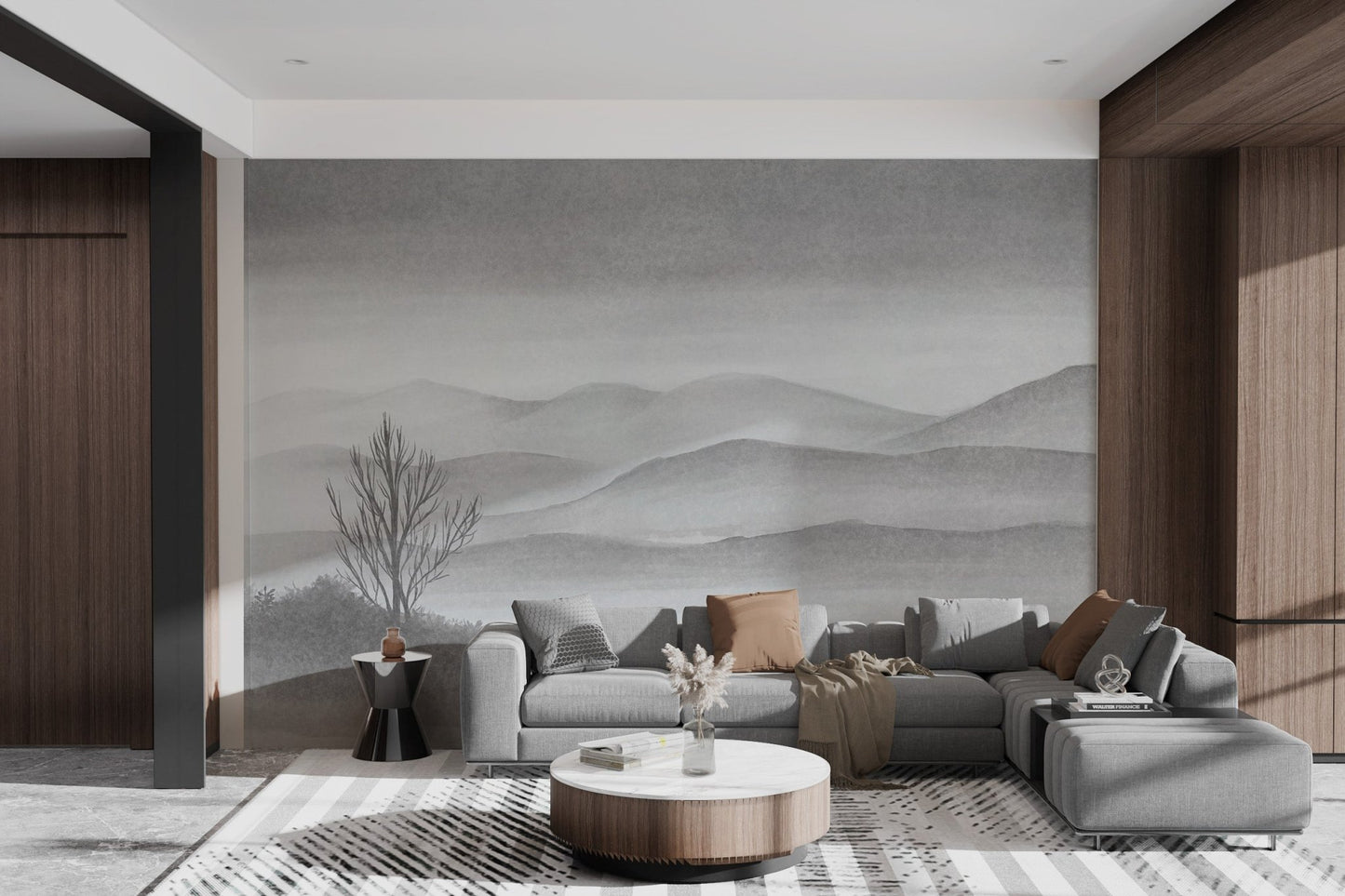 Gentle watercolor lake and mountain design mural in bright living space.