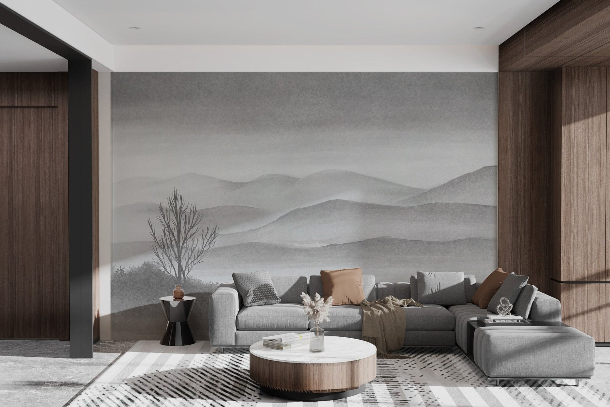 Gentle watercolor lake and mountain design mural in bright living space.