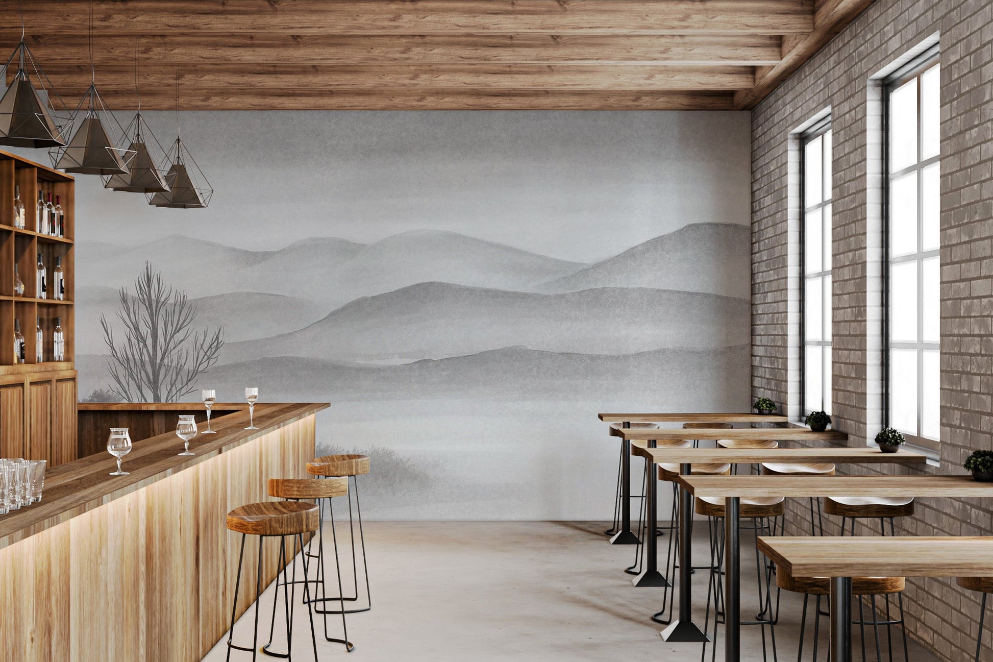 Peaceful landscape with fog and lake wall mural for large bar seating area.
