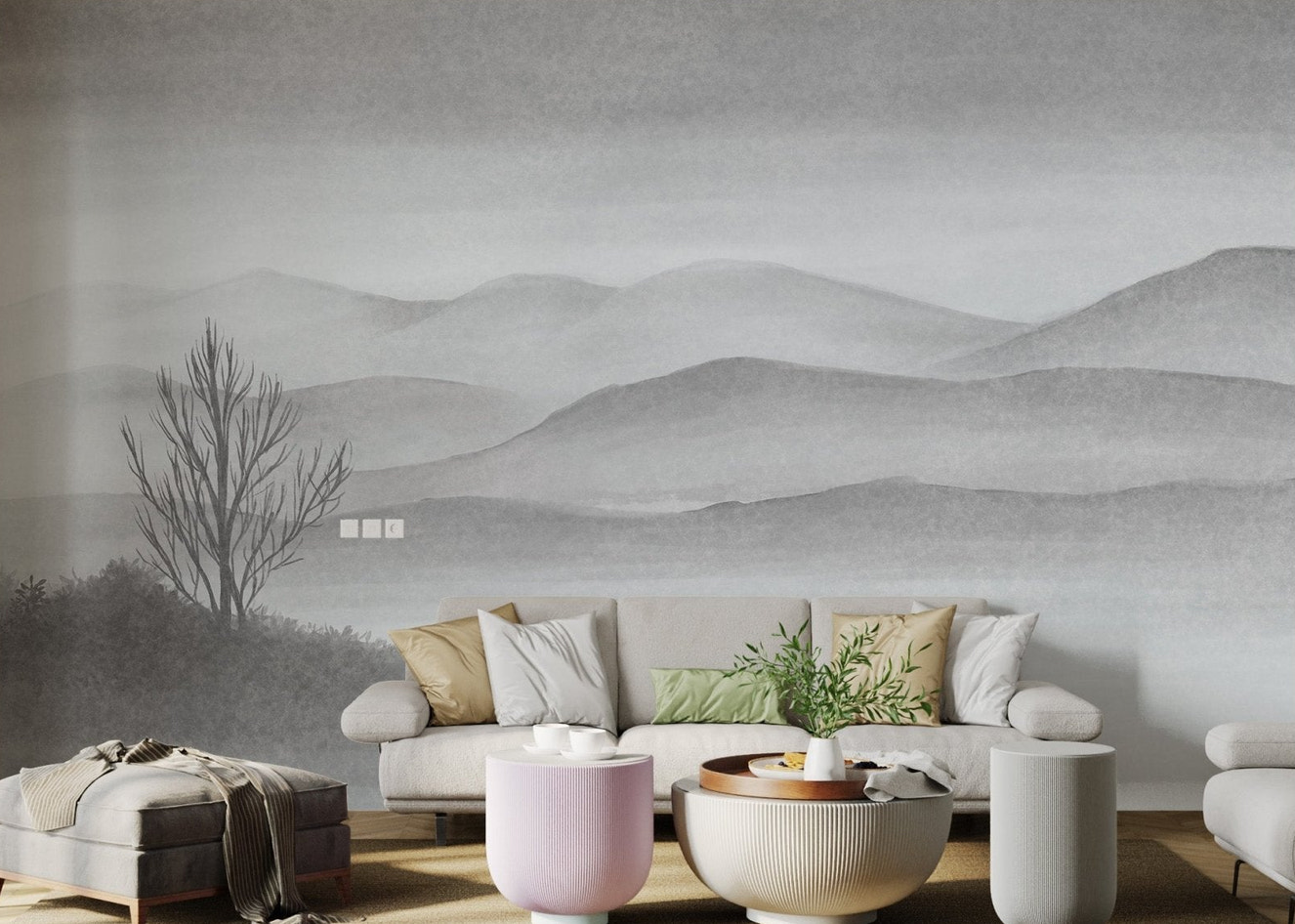Foggy Mountains Lake Landscape Mural for living room walls