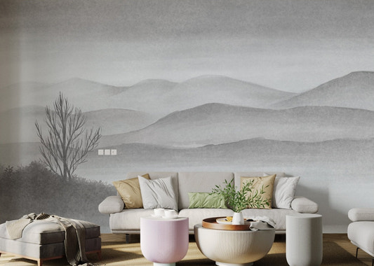 Foggy Mountains Lake Landscape Mural for living room walls