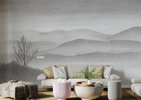 Foggy Mountains Lake Landscape Mural for living room walls