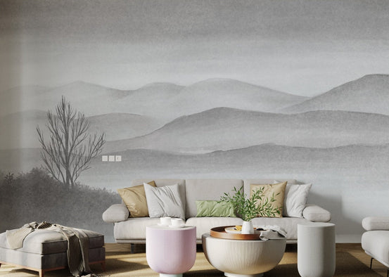Foggy Mountains Lake Landscape Mural for living room walls
