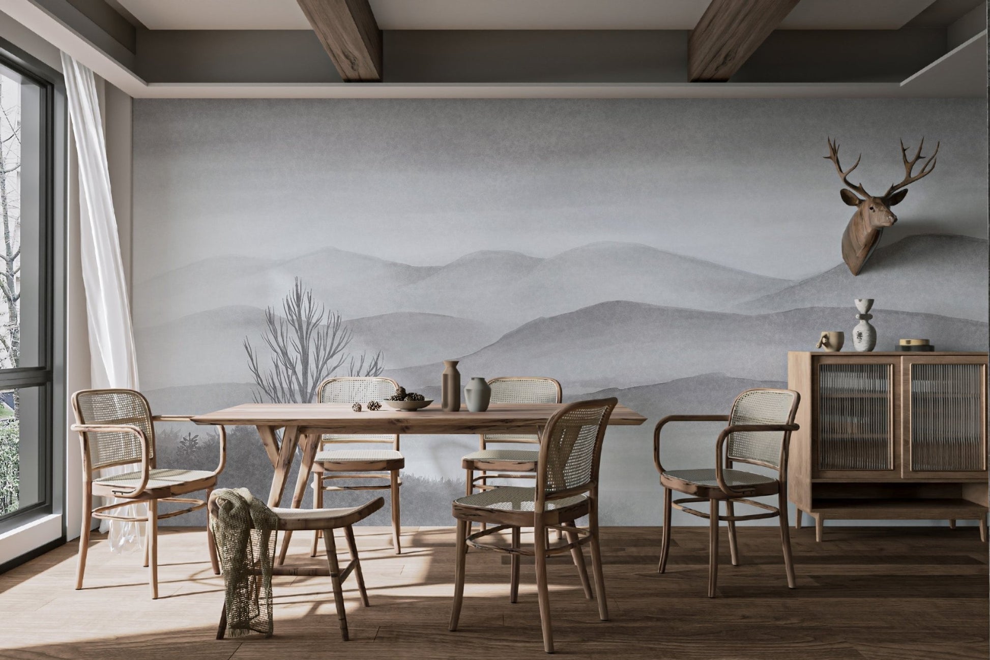 Contemporary grey mountain lake scene wall mural for sunlit dining room.