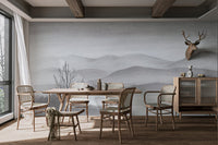 Contemporary grey mountain lake scene wall mural for sunlit dining room.