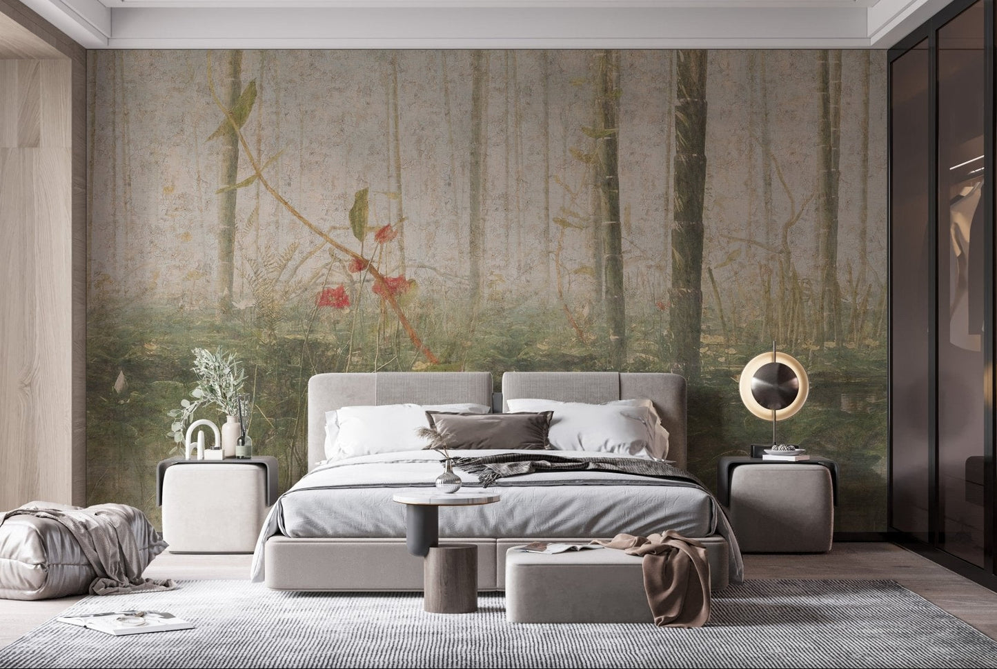 Foggy forest wall mural in a modern bedroom with a grey bed.
