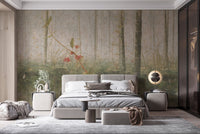 Foggy forest wall mural in a modern bedroom with a grey bed.