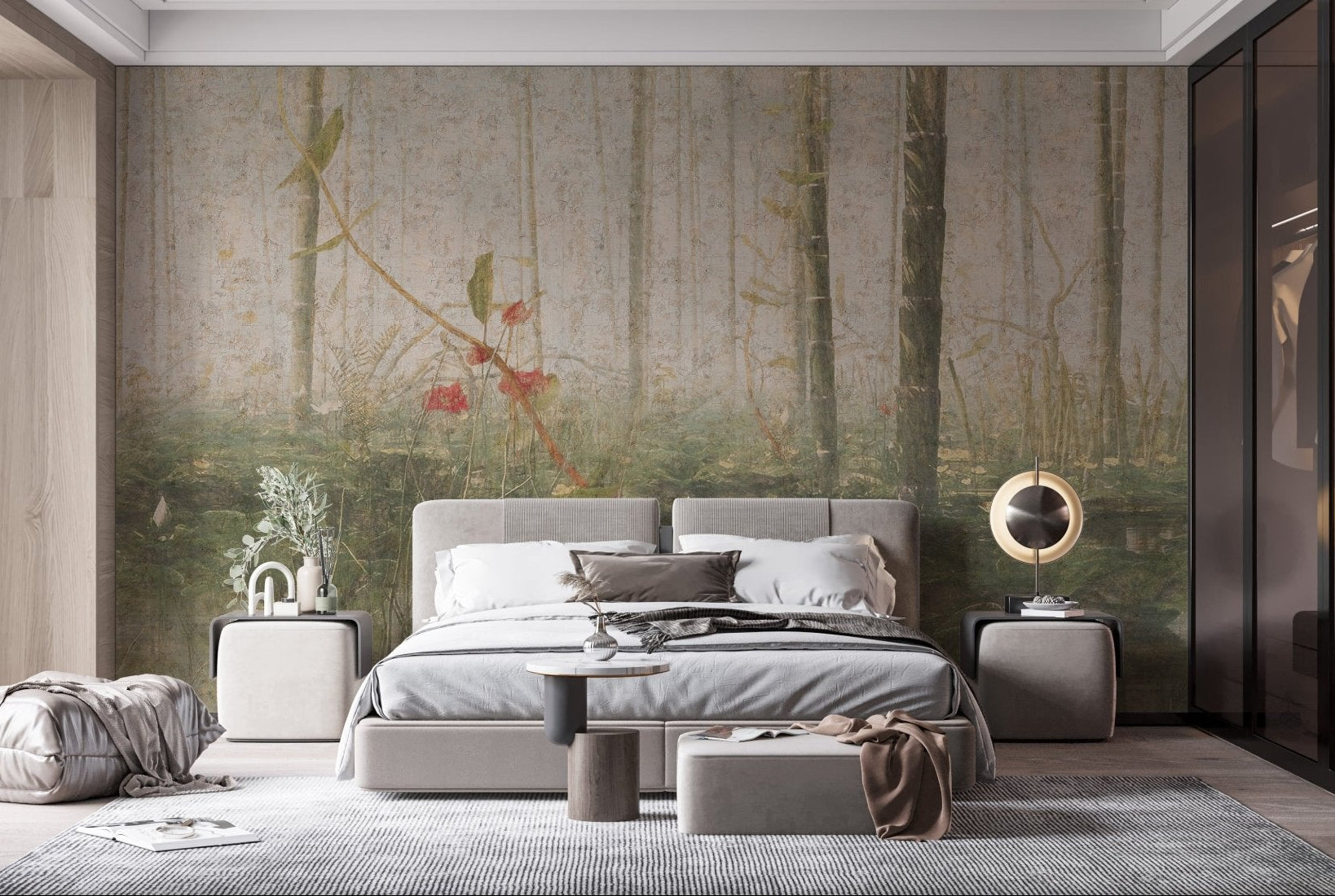 Foggy forest wall mural in a modern bedroom with a grey bed.