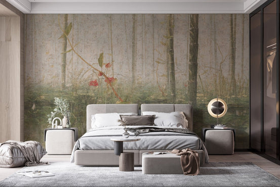 Foggy forest wall mural in a modern bedroom with a grey bed.