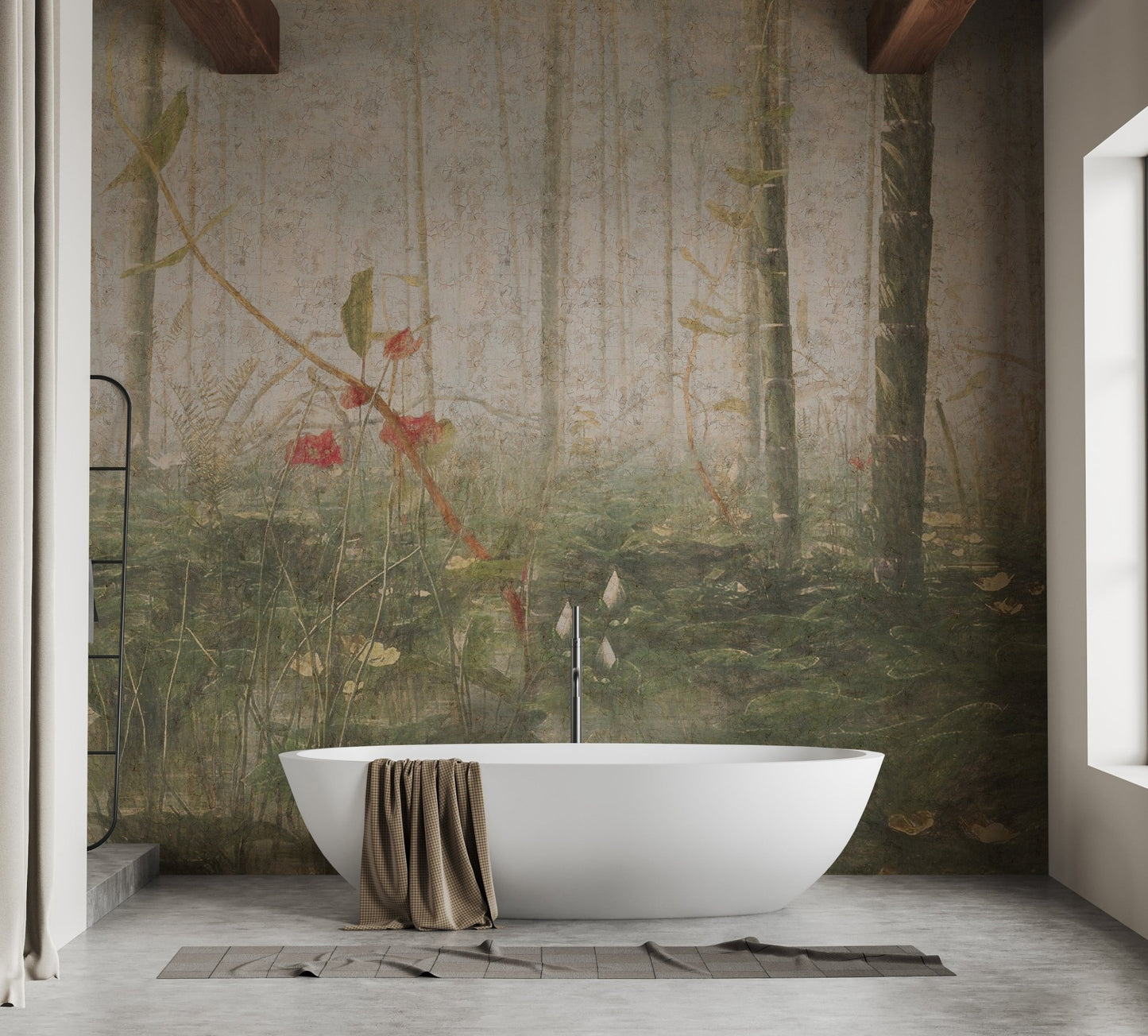 Foggy deciduous forest wall mural in a bathroom with a white tub.