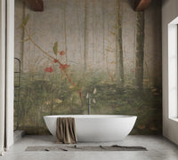 Foggy deciduous forest wall mural in a bathroom with a white tub.