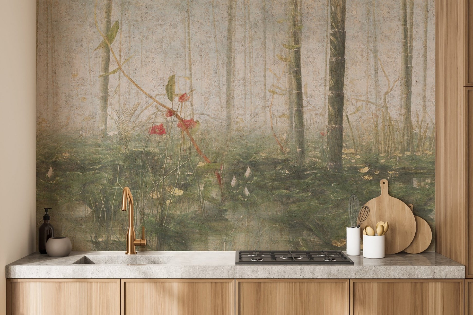 Tropical forest wall mural behind a kitchen counter with wooden cabinets.