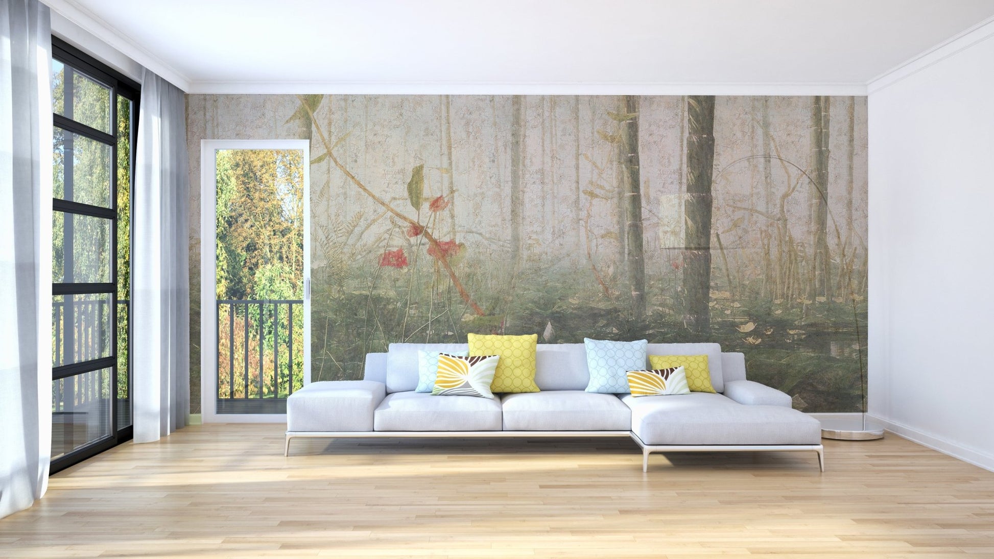 Living room with white sofa and misty forest wall mural.