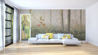 Living room with white sofa and misty forest wall mural.