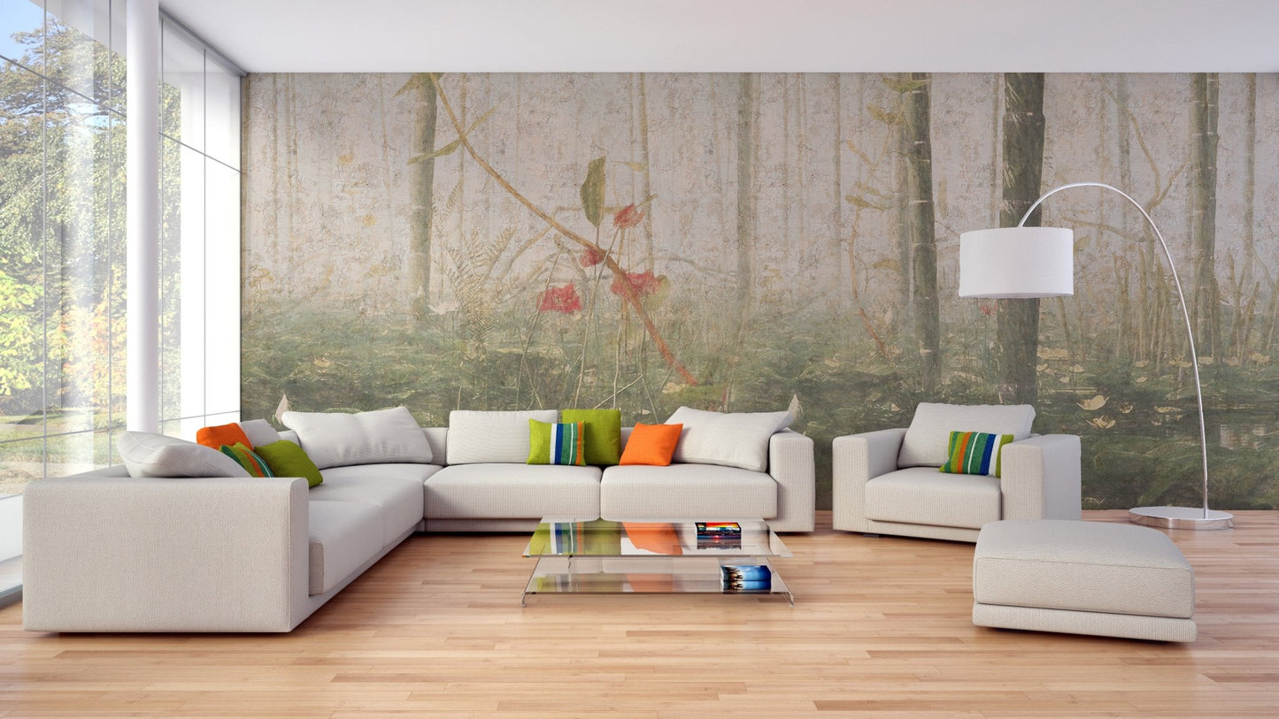 Large sectional sofa in living room against foggy deciduous forest wall mural.