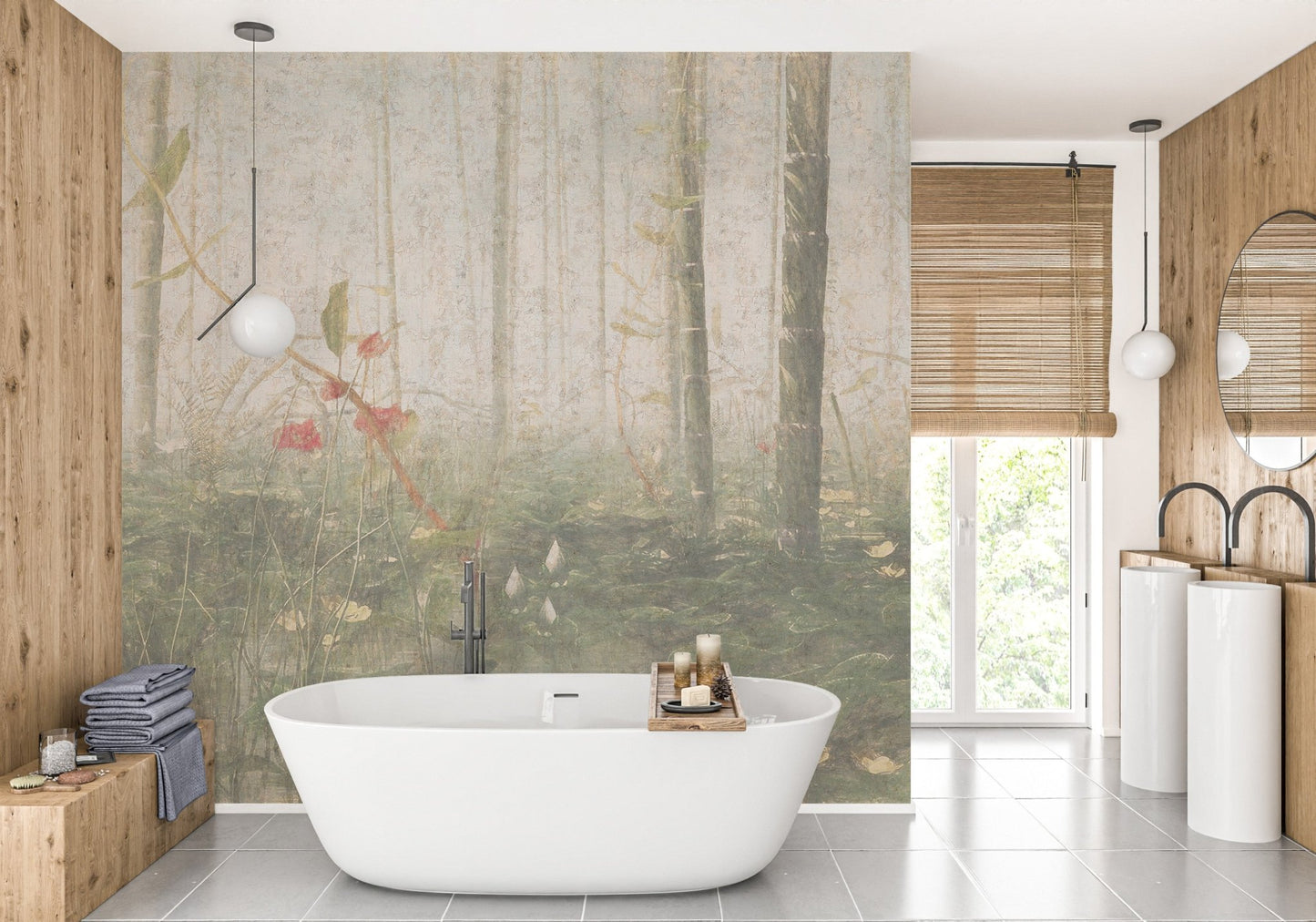 Modern bathroom with twin sinks and misty forest wall mural.