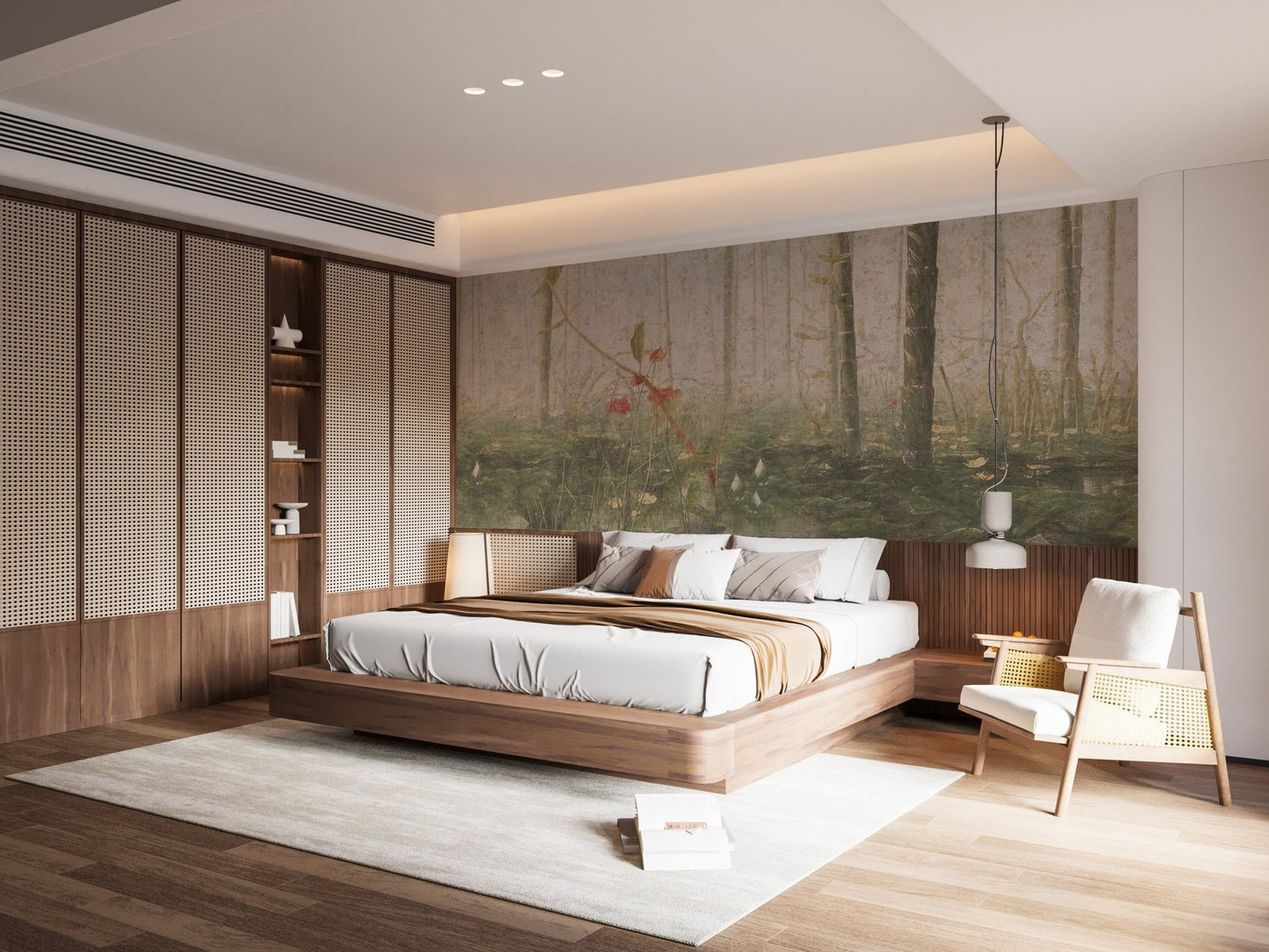 Master bedroom featuring a tropical forest wall mural and warm lighting.